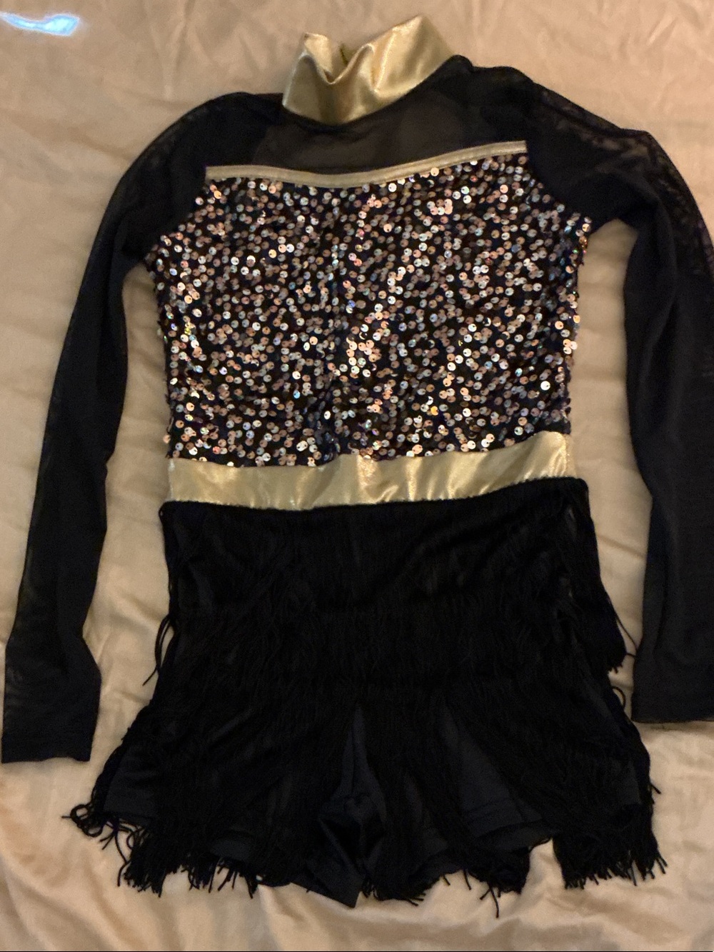 Girls Black Sequin Fringe Dance bodysuit with Gold Trim